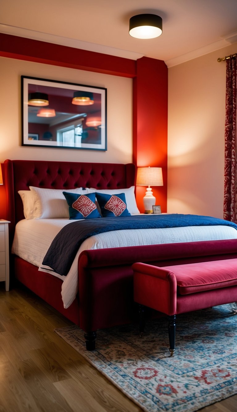 A claret bed frame stands in a cozy bedroom with red accents and warm lighting