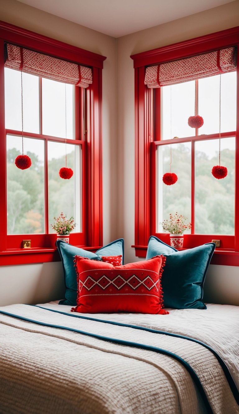 A cozy bedroom with red madder window trims, adorned with 25 red-themed decorative ideas