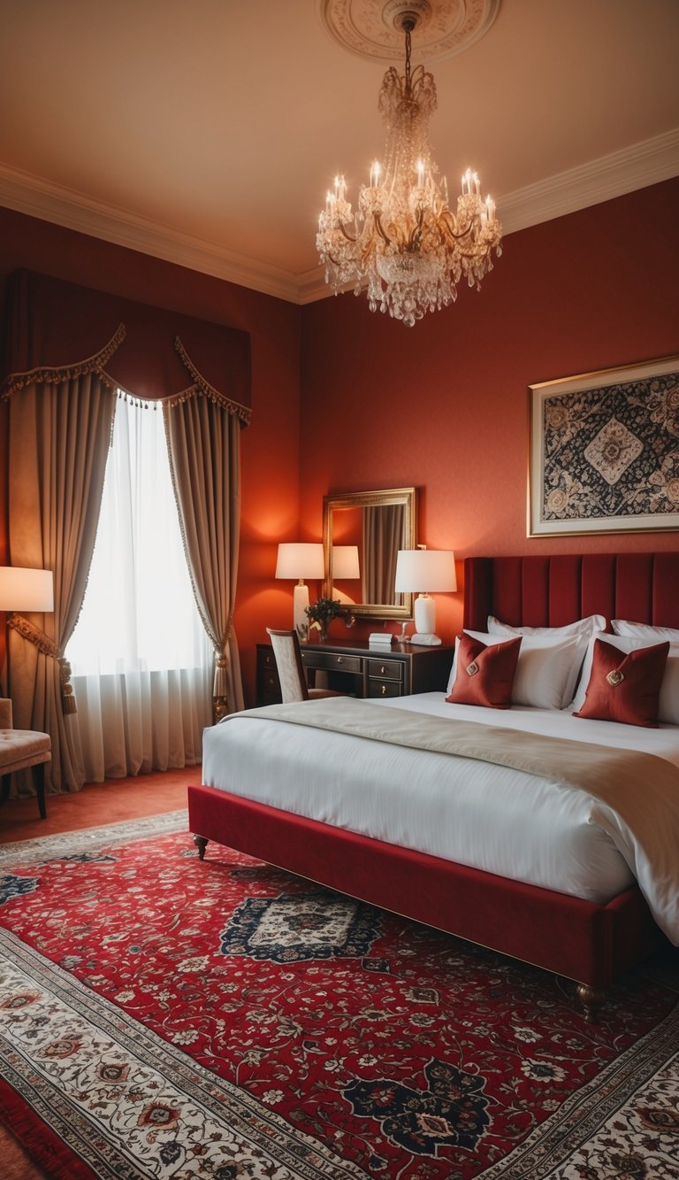 A luxurious red Persian carpet in a bedroom with warm lighting and elegant decor