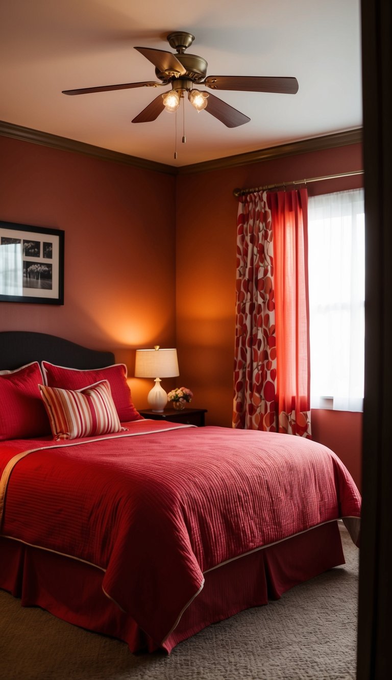 A cozy bedroom with candy apple red bedding, accented with matching pillows and curtains. Warm lighting creates a inviting atmosphere