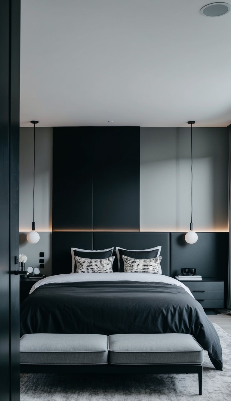 A sleek black and gray bedroom with modern furniture and minimalistic decor