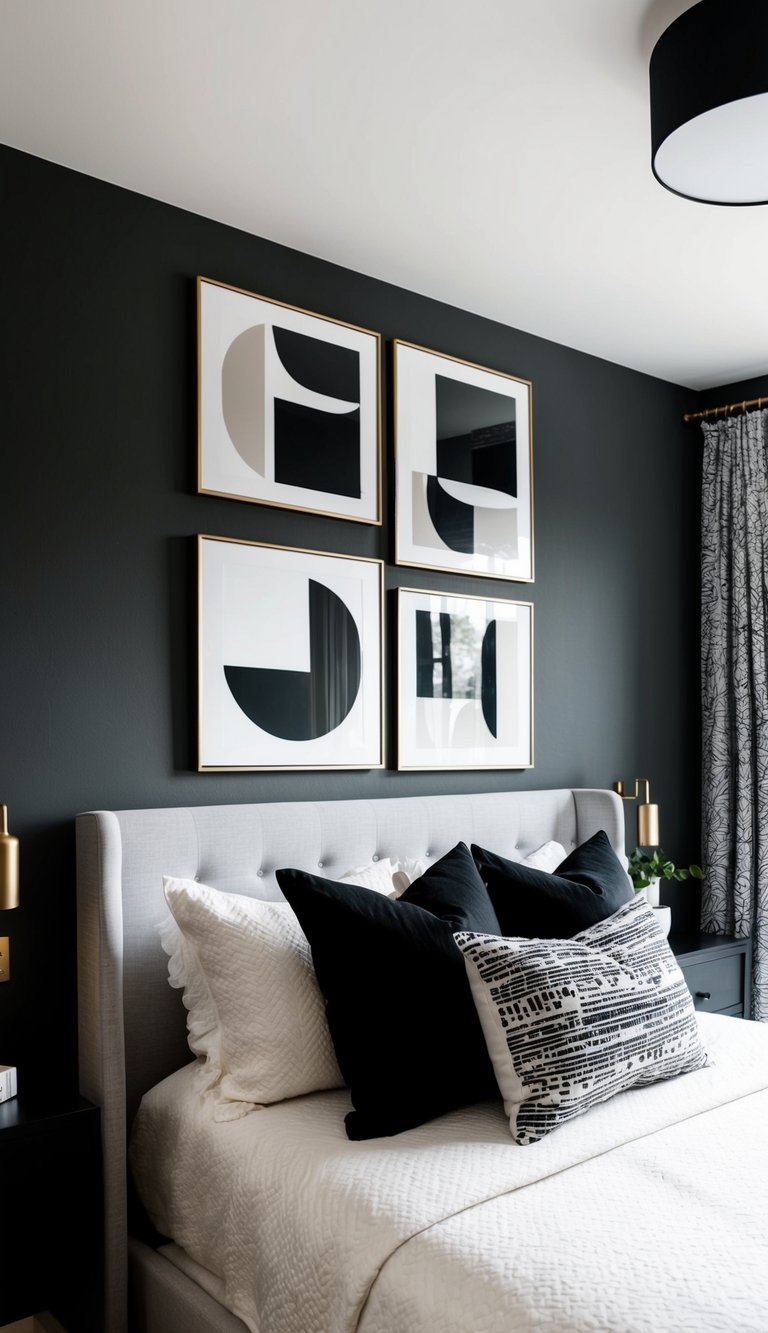 A cozy bedroom with black and gray monochrome wall art, featuring abstract shapes and patterns