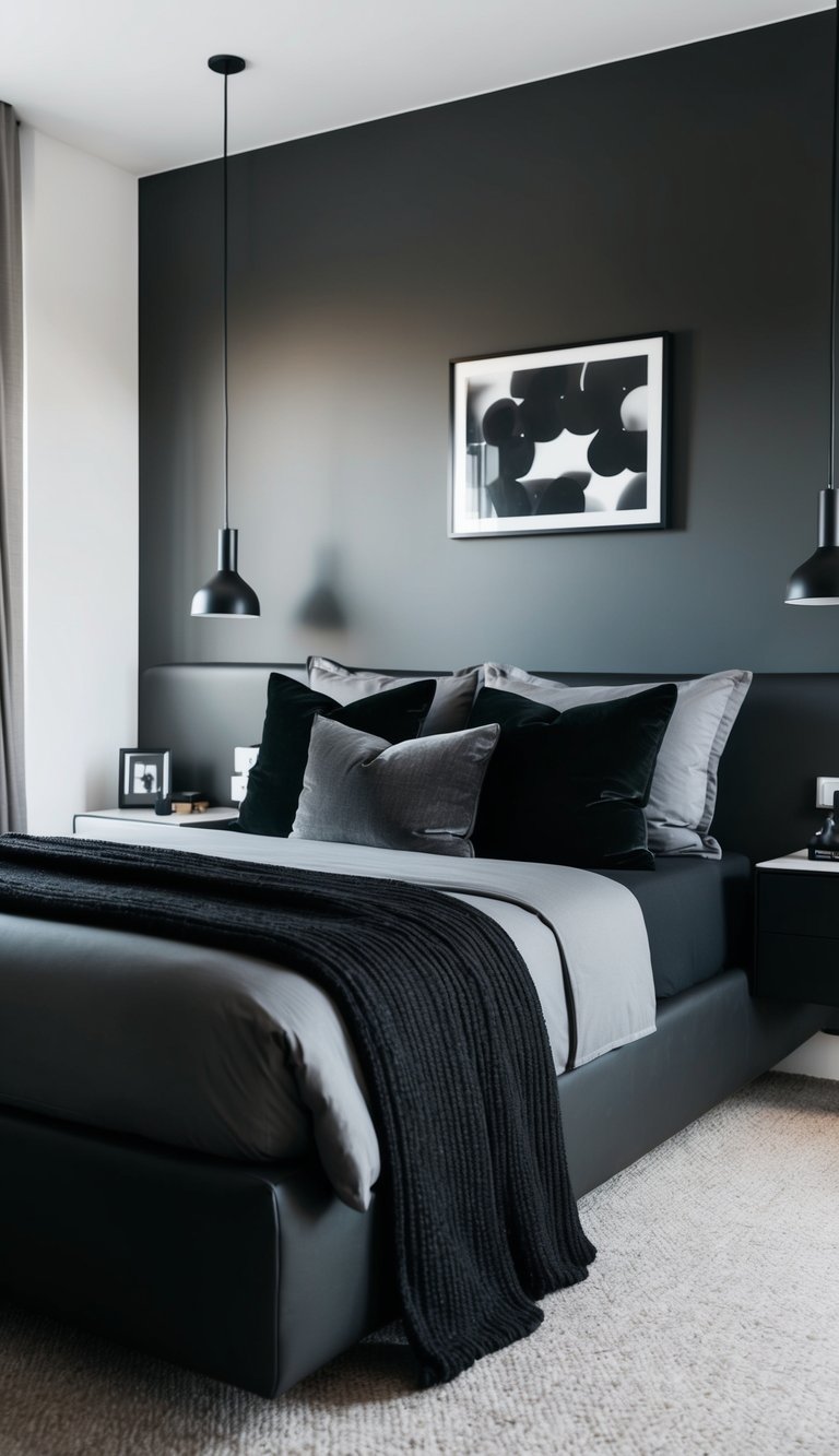 A cozy black and gray bedroom with charcoal throw pillows on a modern bed, complemented by sleek furniture and minimalistic decor