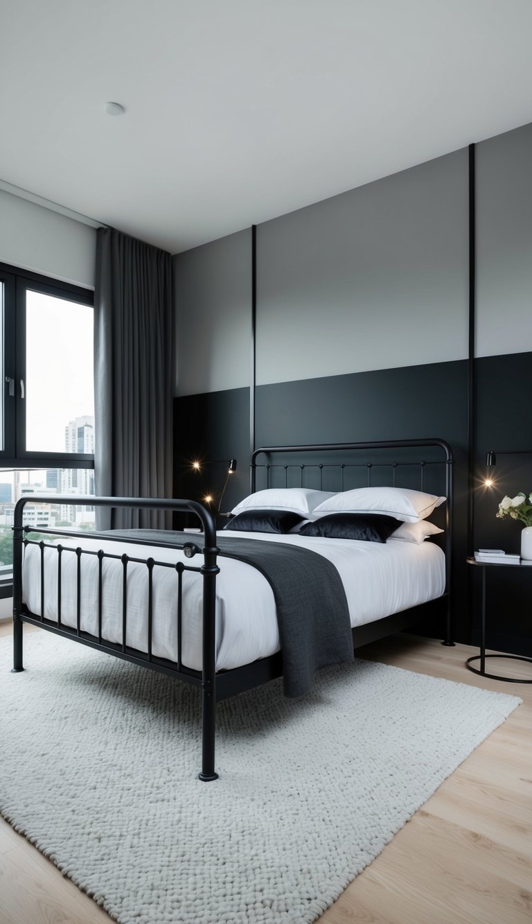 A sleek iron bed frame stands in a modern black and gray bedroom, surrounded by minimalist decor and clean lines