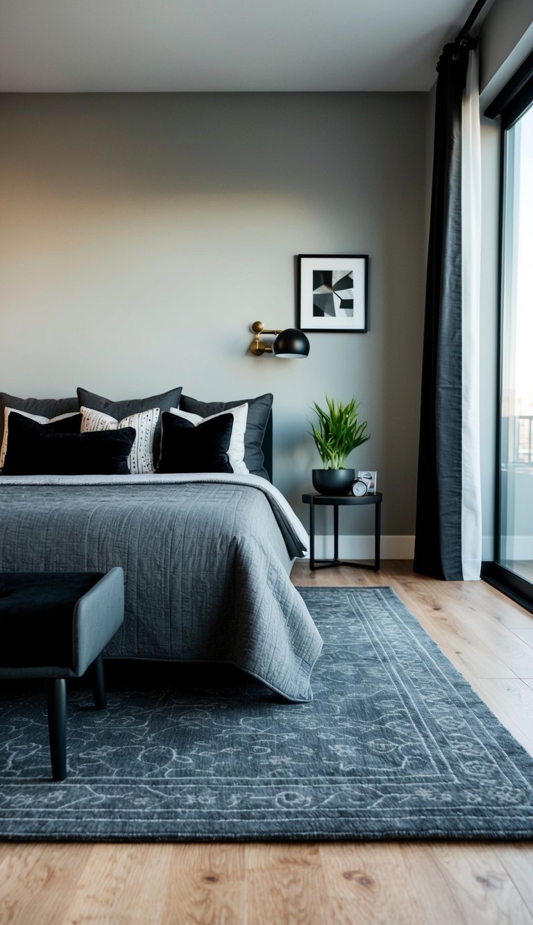 A modern bedroom with a slate area rug, featuring black and gray decor accents