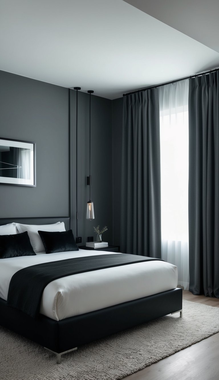 A bedroom with black and gray decor, featuring graphite curtains, sleek furniture, and minimalistic accents