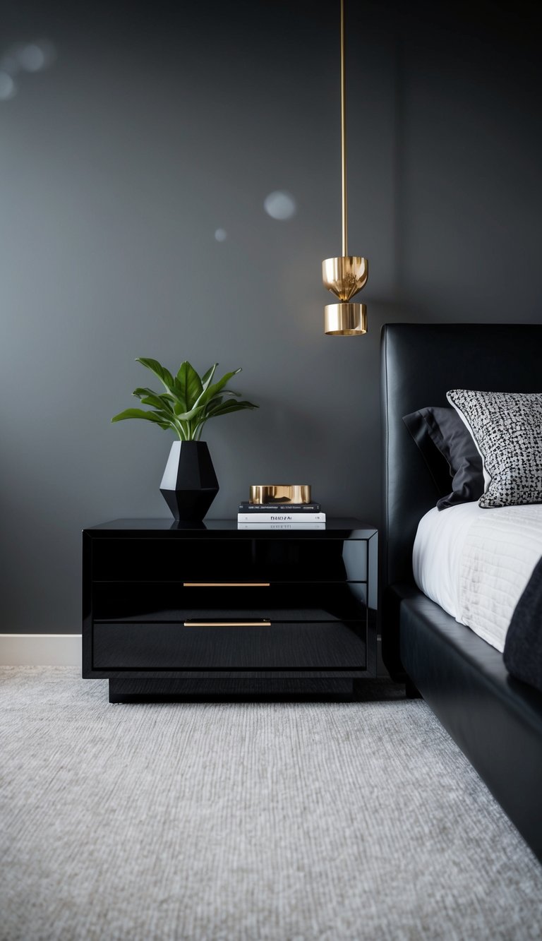 A sleek ebony nightstand with modern decor in a black and gray bedroom