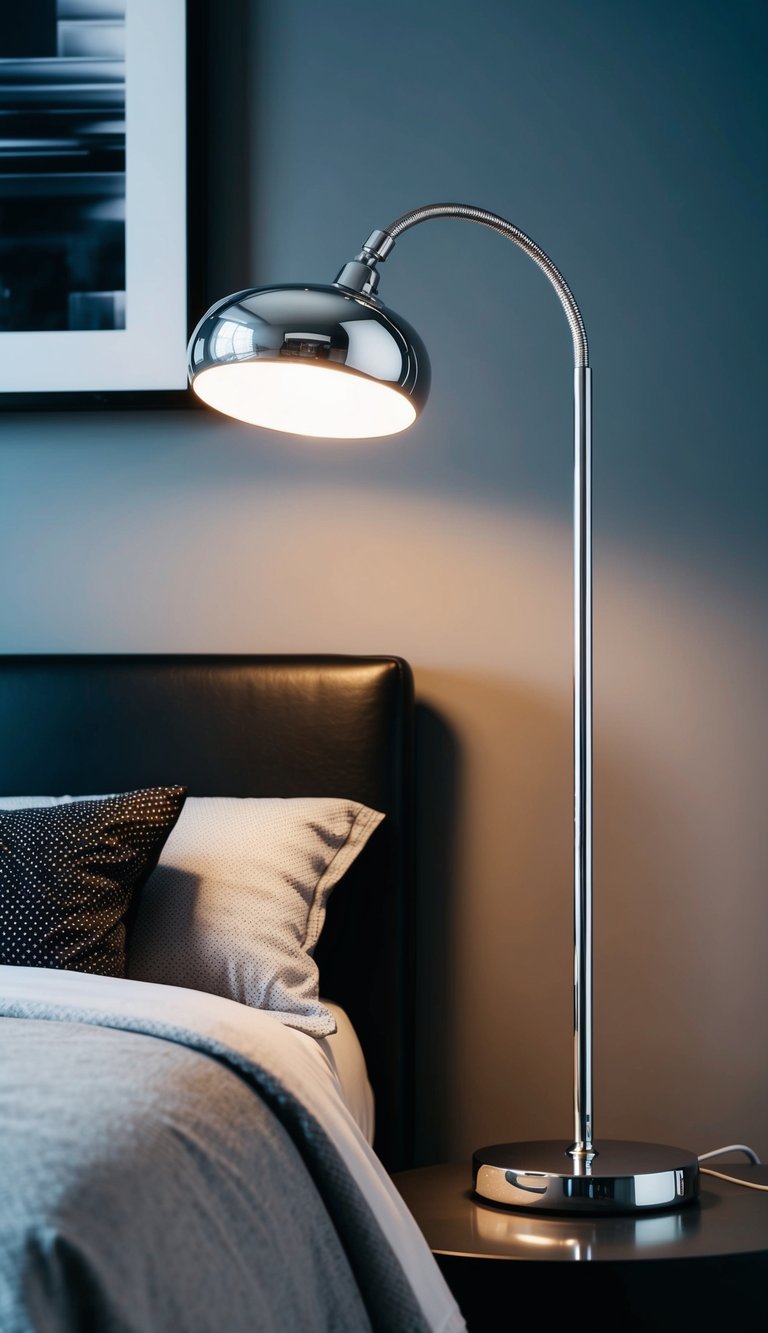 A sleek silver table lamp illuminates a modern black and gray bedroom, casting a soft glow over the contemporary decor