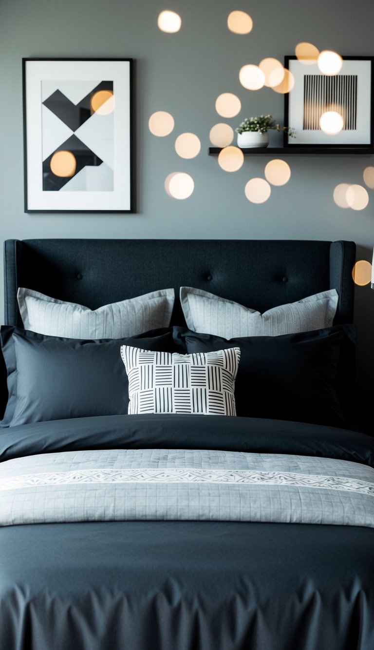 A modern black and gray bedroom with a sleek ash bedding set, geometric patterns, and minimalistic decor