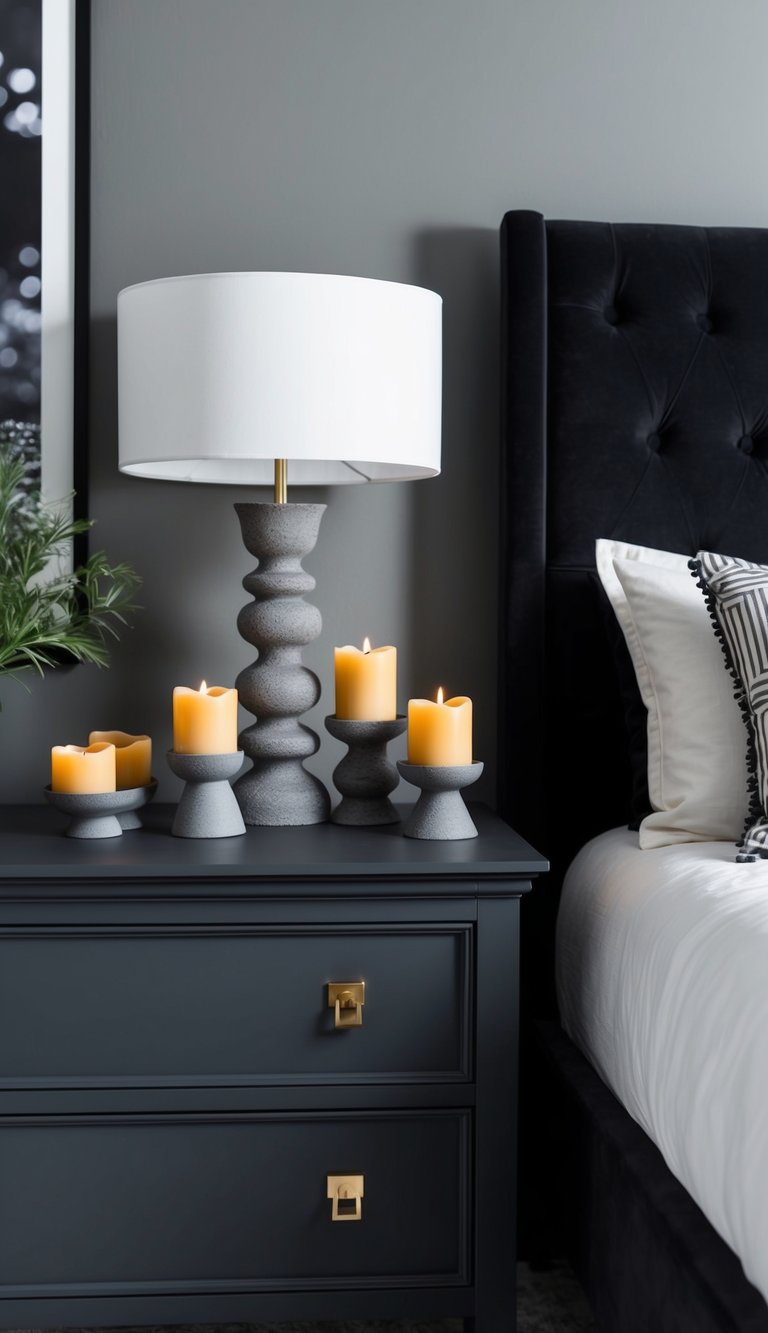 A cozy bedroom with black and gray decor features cinder candle holders on a dresser or bedside table