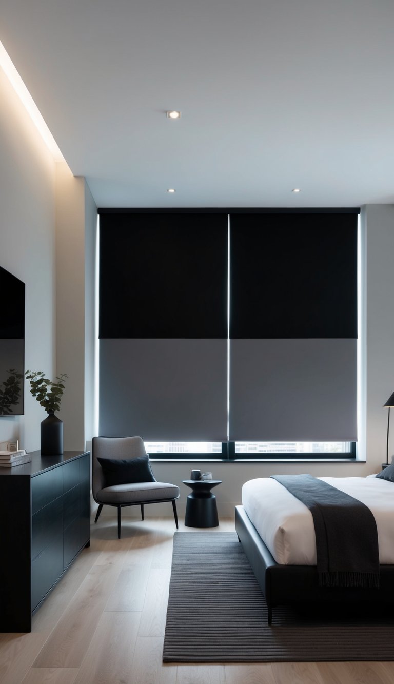 A modern bedroom with black and gray blackout blinds, sleek furniture, and minimalistic decor