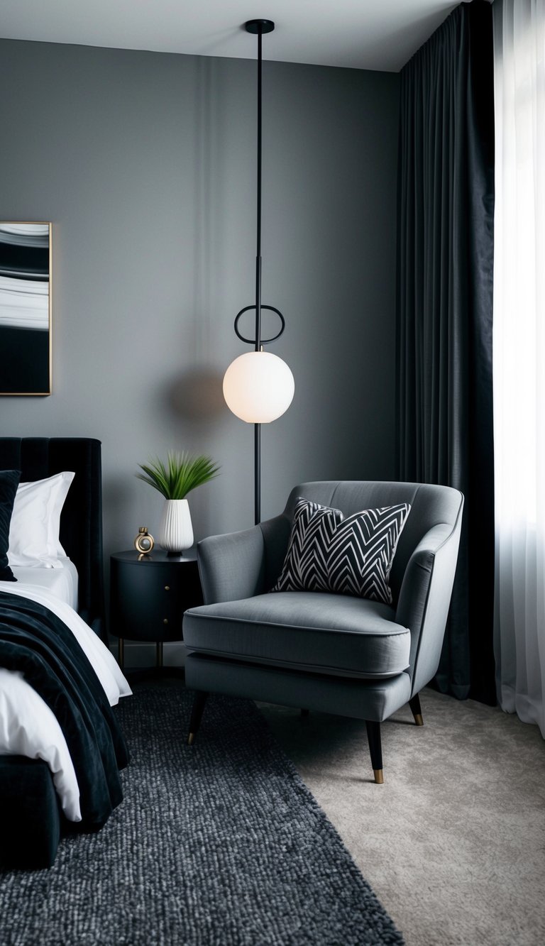 A dim gray accent chair sits in a stylish black and gray bedroom, creating a modern and sophisticated atmosphere