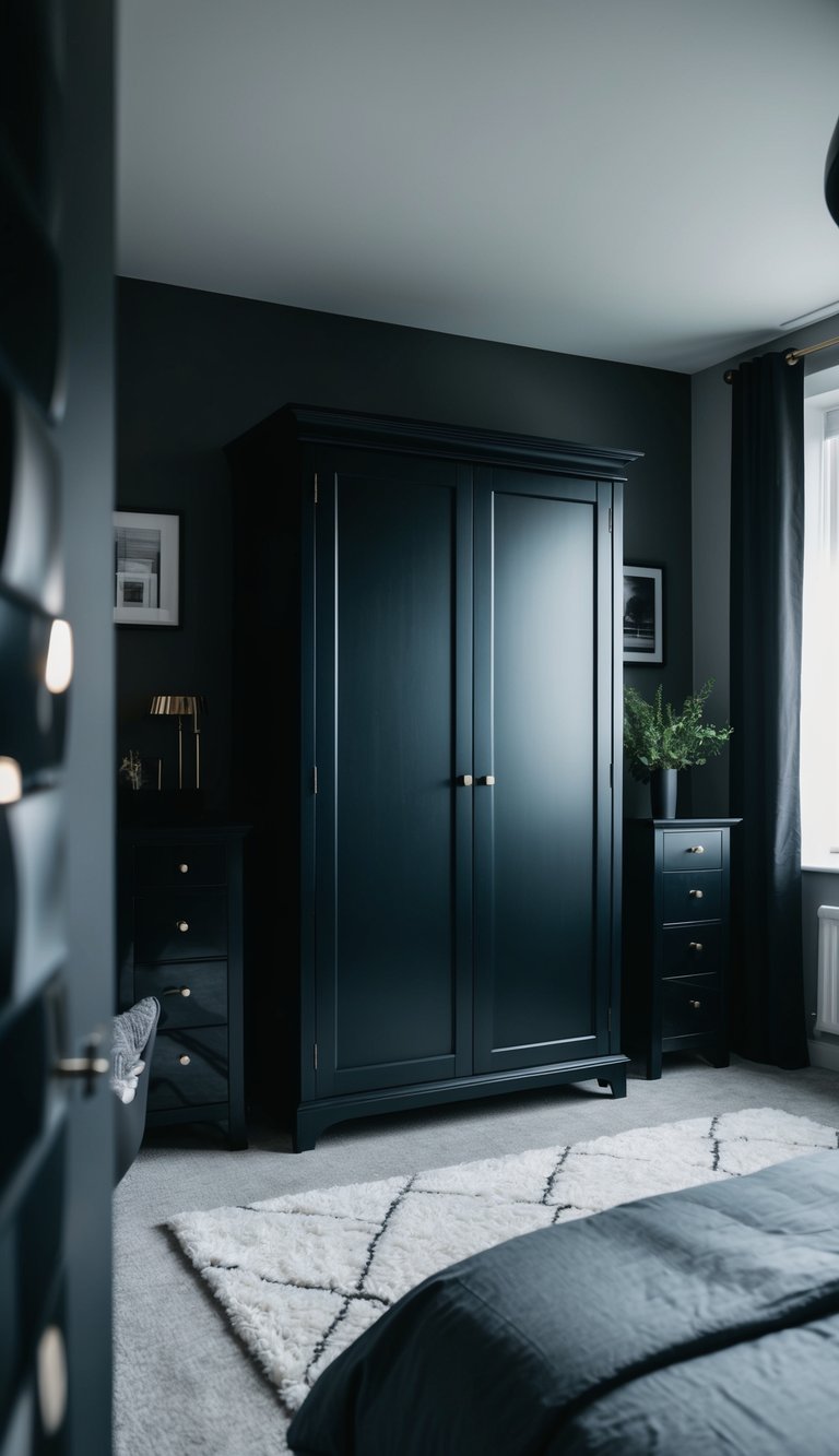 A shadowy wardrobe stands in a dimly lit bedroom, surrounded by black and gray decor