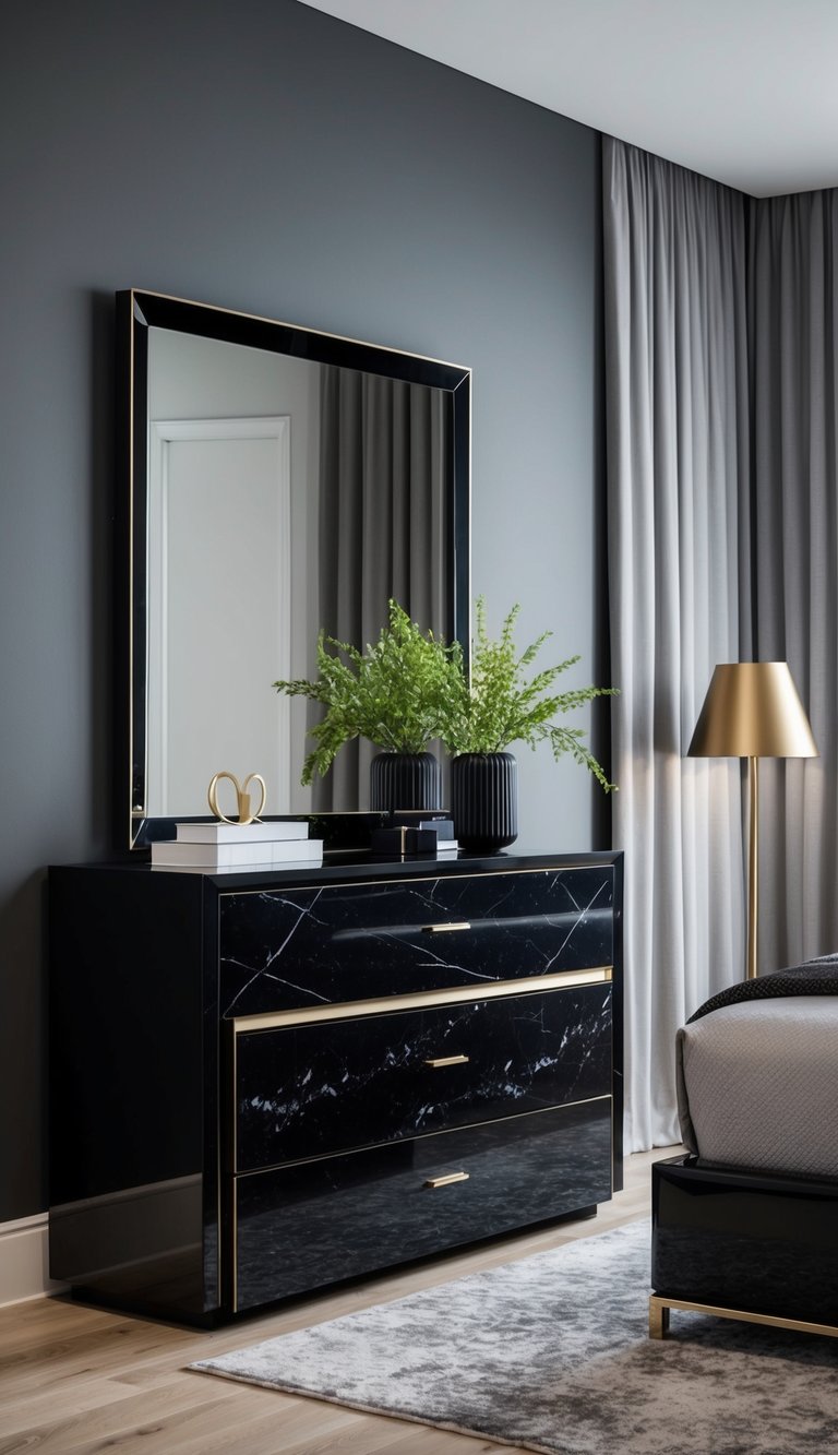 A sleek black and gray bedroom featuring an elegant Onyx Dresser 22 as the focal point