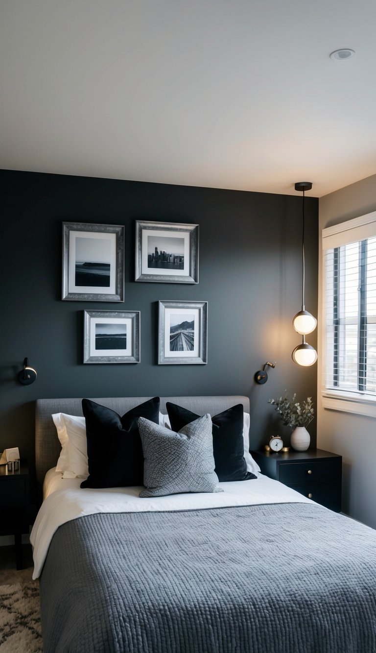 A cozy bedroom with pewter picture frames on the walls, featuring a color scheme of black and gray with modern decor and soft lighting