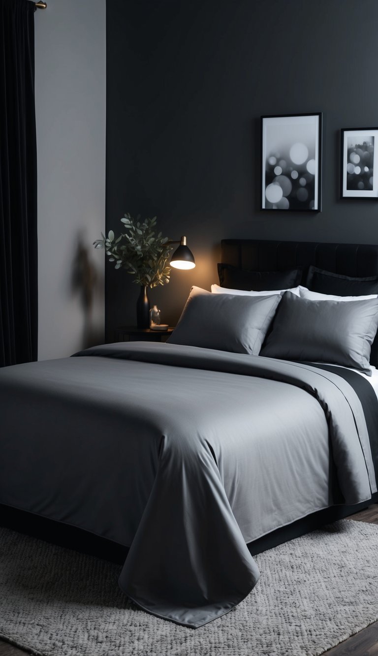 A charcoal gray bedspread covers a queen-sized bed in a dimly lit bedroom with black and gray decor