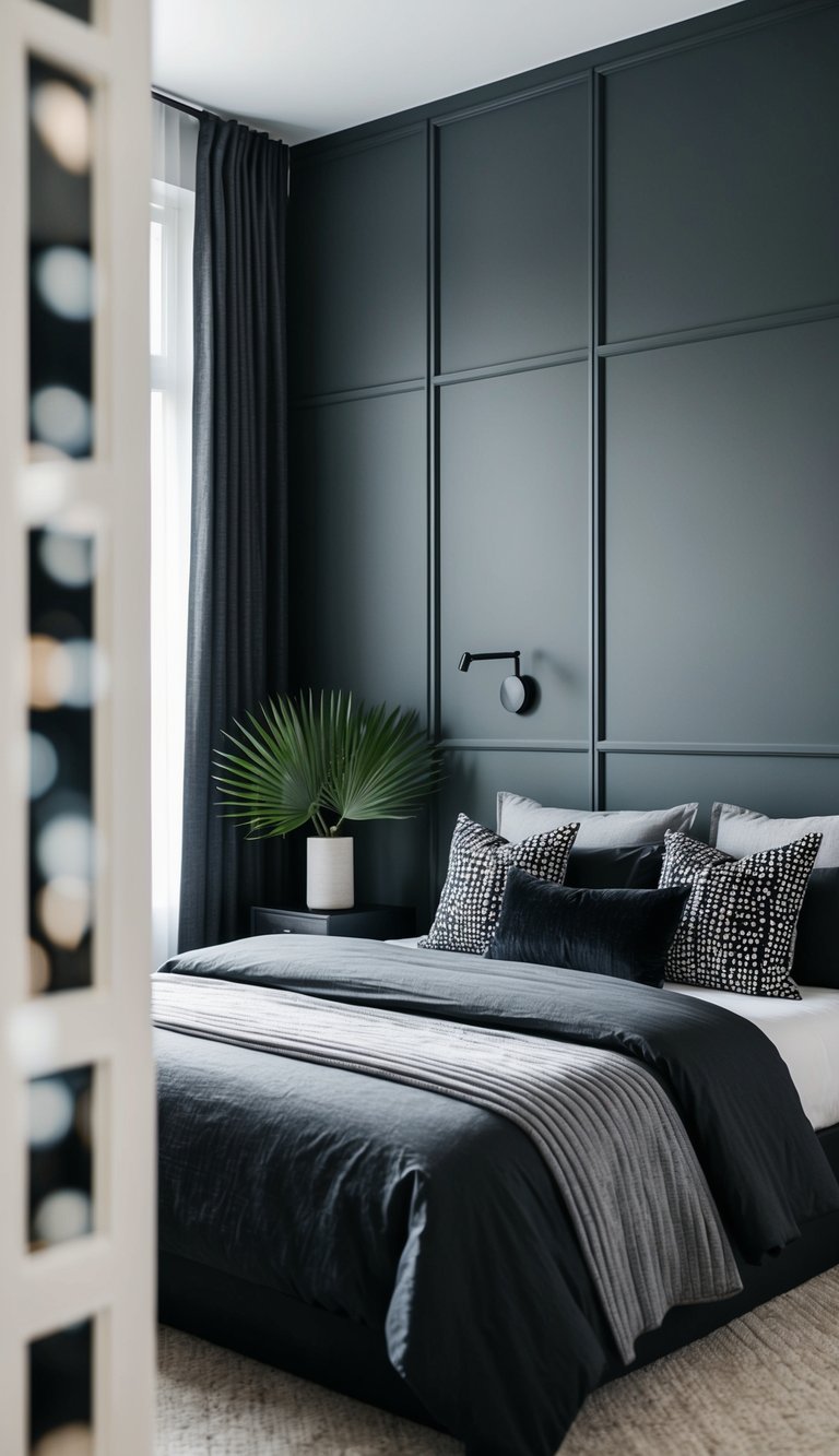 A modern bedroom with anthracite wall panels, featuring a mix of black and gray decor