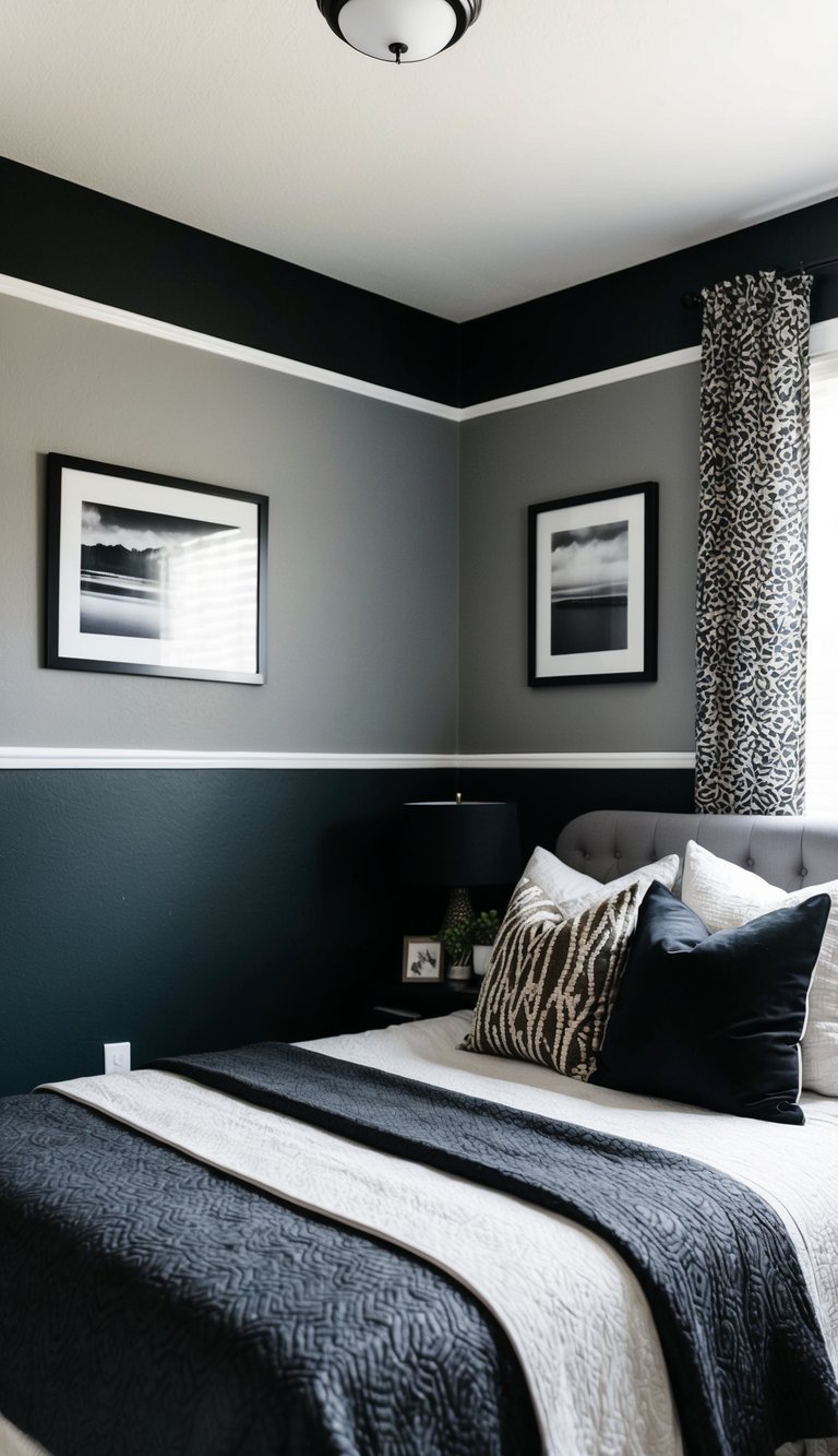 A cozy bedroom with black and gray walls, accented with graphite paint