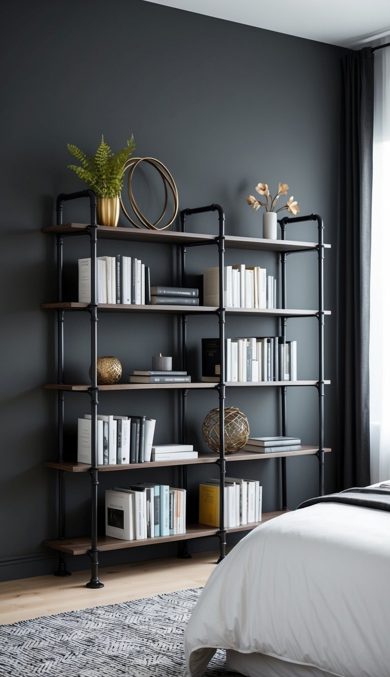 A sleek iron industrial shelf holds books and decor in a modern black and gray bedroom