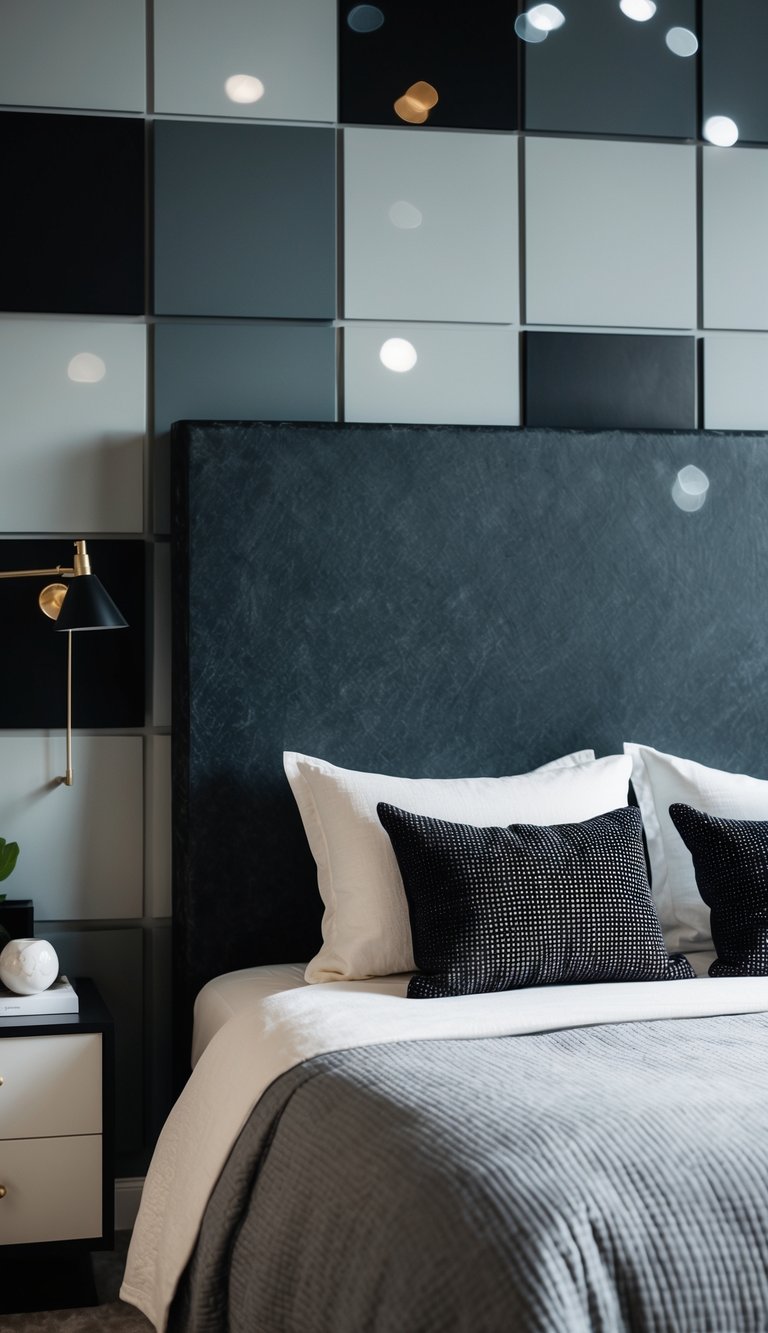 A dark slate headboard stands against a backdrop of black and gray bedroom decor