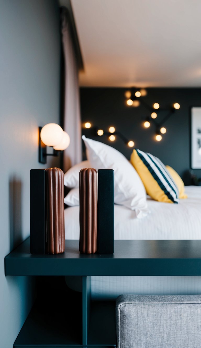 A cozy bedroom with licorice bookends on a black and gray shelf, surrounded by modern decor and soft lighting