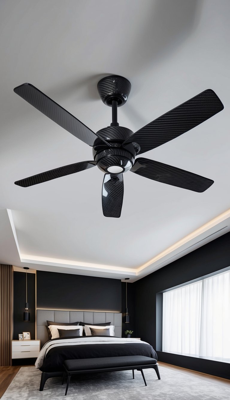 A sleek carbon fiber ceiling fan spins above a modern black and gray bedroom with clean lines and minimalist decor