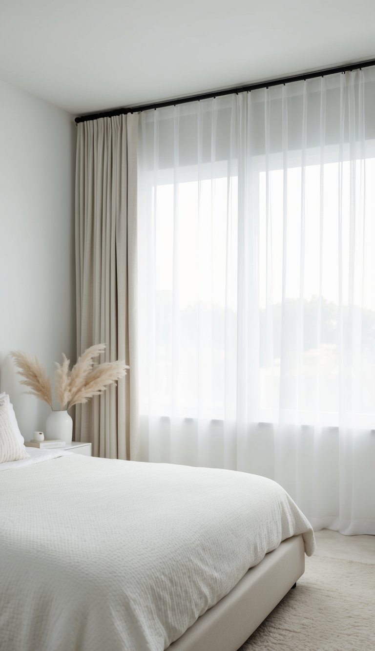 A serene white bedroom with minimal decor, a plush bed, and soft natural light streaming in through sheer curtains