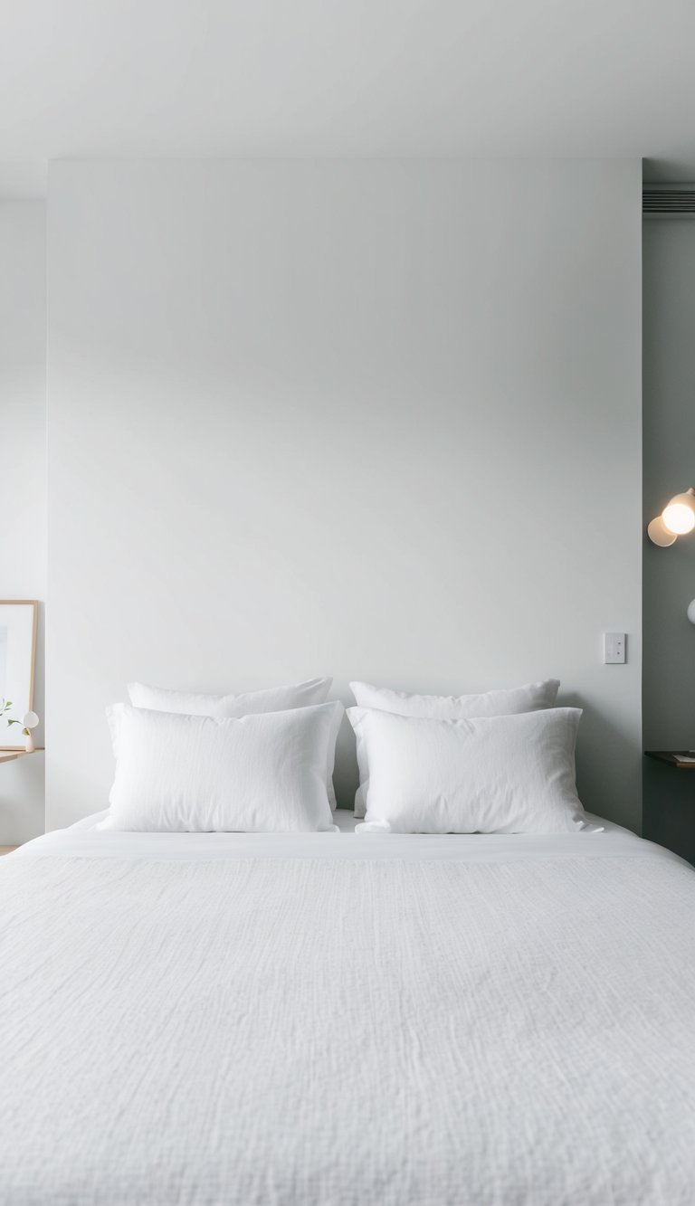 A neatly made bed with a crisp white linen bedspread, surrounded by minimalist white bedroom decor