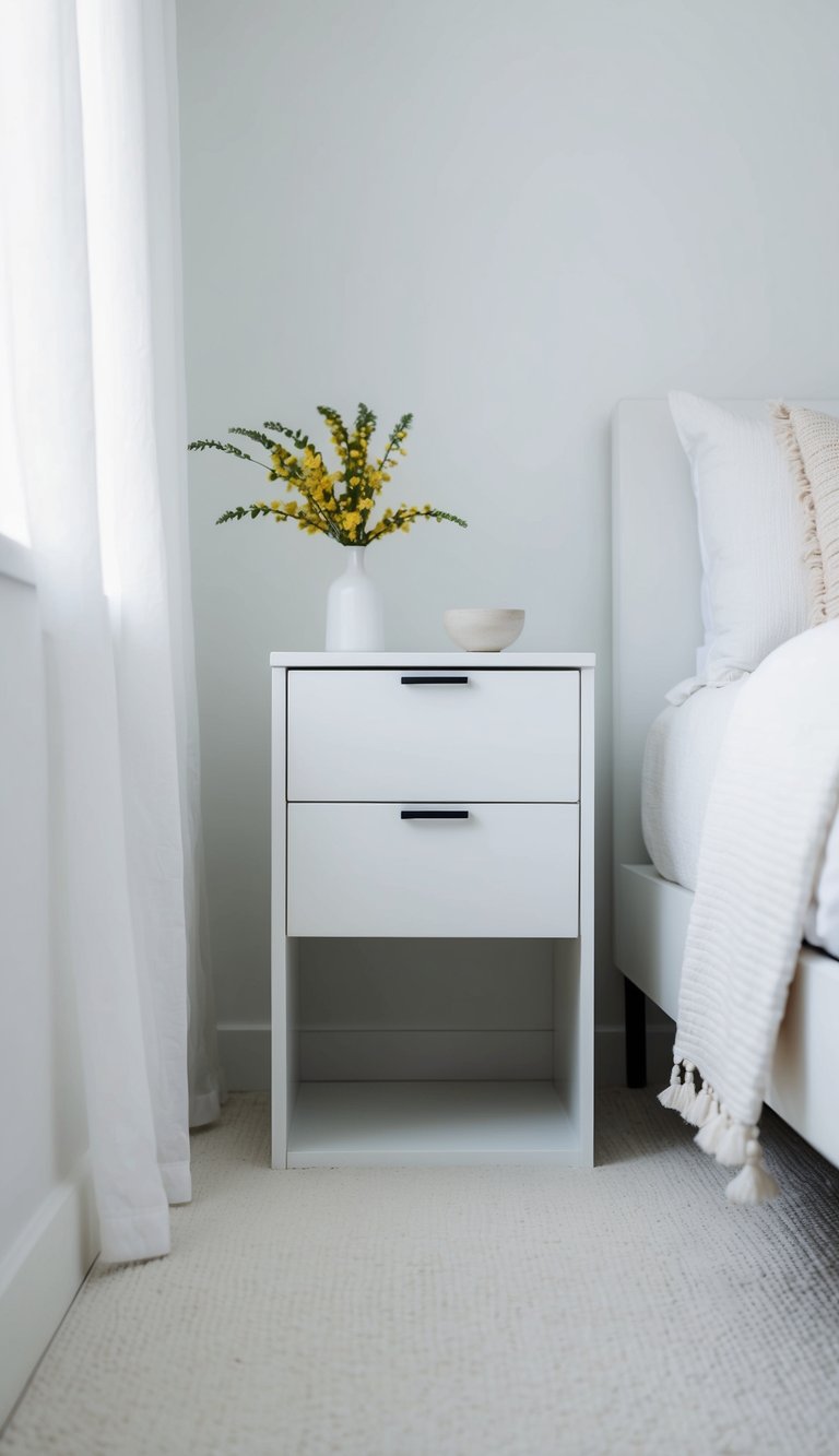 A sleek white nightstand with a single drawer and simple, clean lines sits in a minimalist white bedroom, surrounded by serene decor