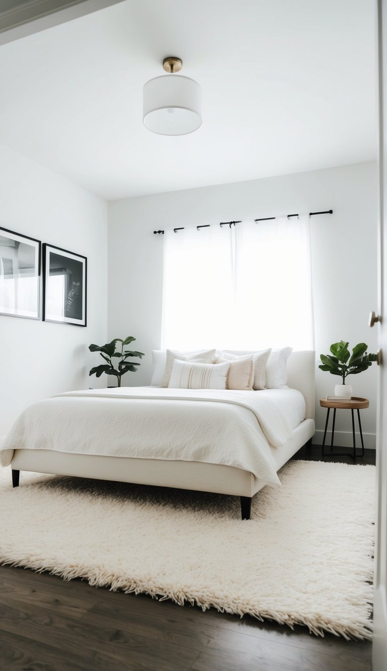 A white bedroom with an ivory shag area rug, minimalist design, and natural light