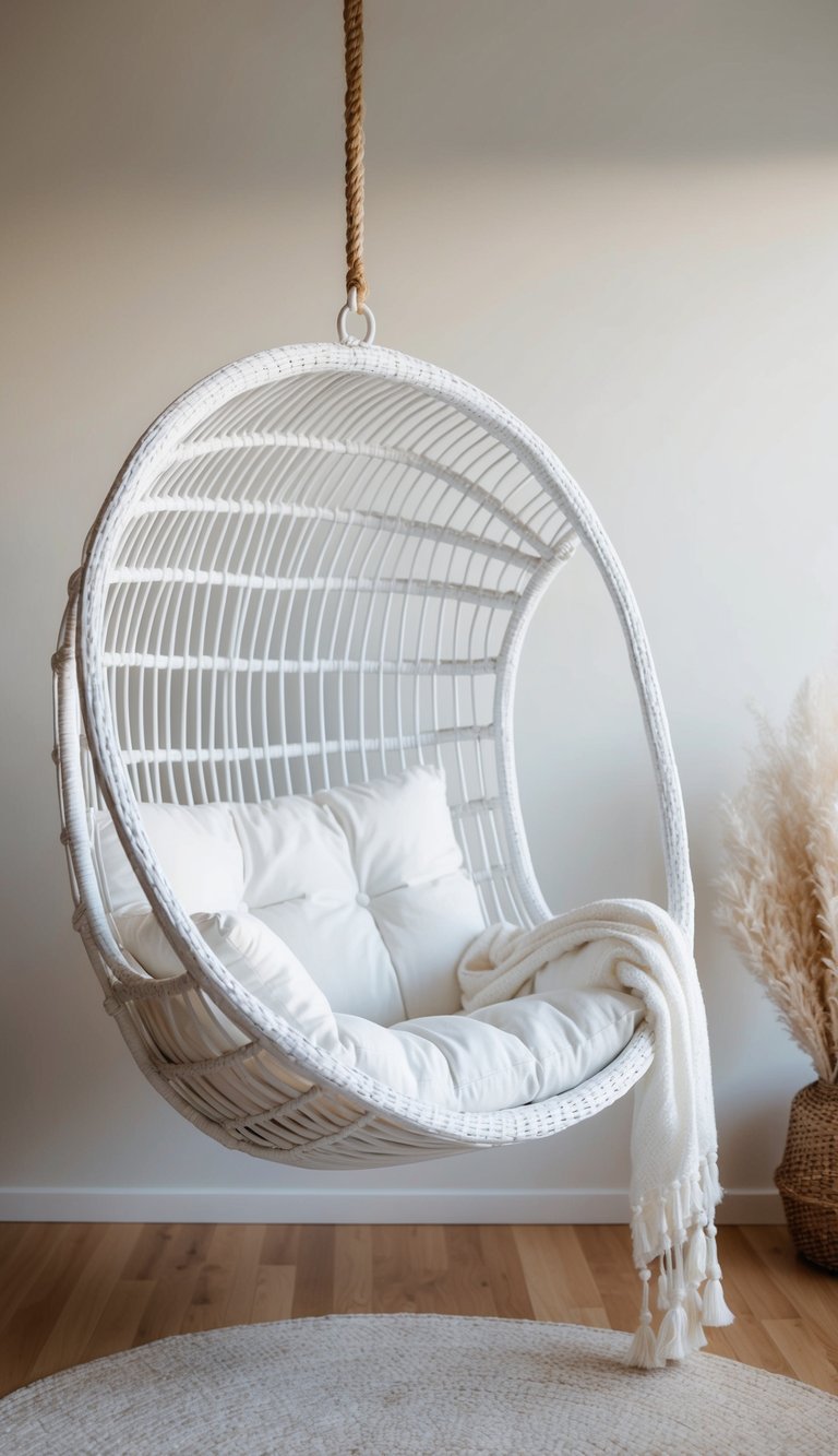 A cozy white wicker hanging chair in a serene bedroom with soft lighting and minimalist decor