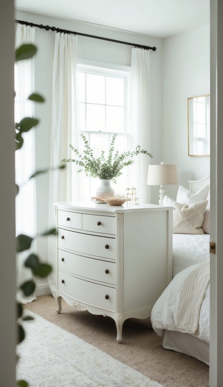 A vintage white dresser stands in a serene white bedroom, surrounded by soft, neutral decor and drenched in natural light