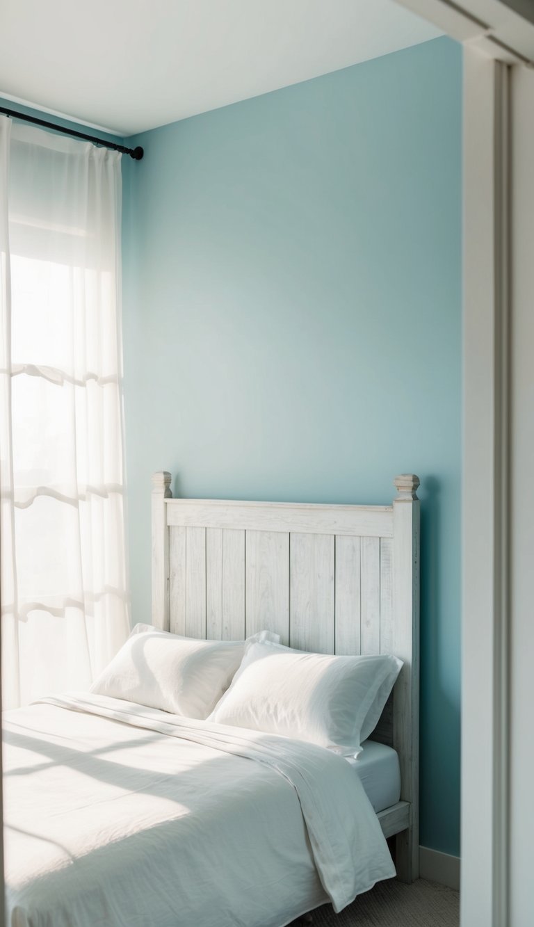 A whitewashed wooden headboard stands against a pale blue wall in a serene, minimalist bedroom. Sunlight filters through sheer curtains, casting a soft glow on the crisp white linens and simple decor