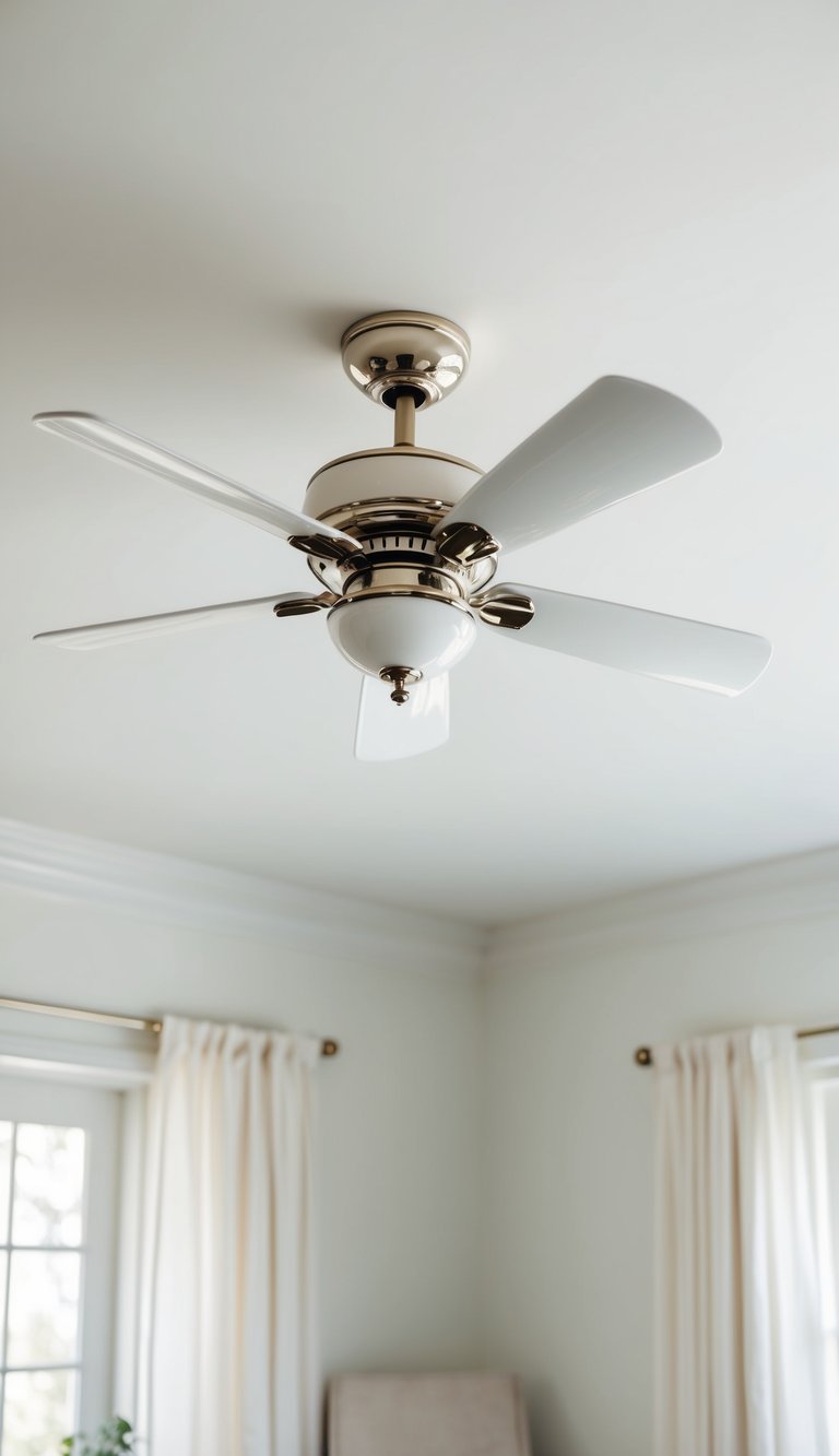 A glossy white ceiling fan spins above a serene white bedroom, casting a soft, cooling breeze