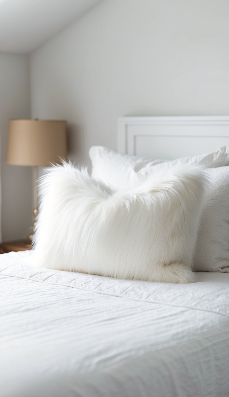 A cozy white faux fur accent pillow sits on a pristine bed in a serene white bedroom