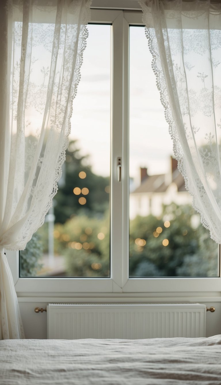 A cozy white bedroom with lace curtains billowing in the breeze, creating a soft and dreamy atmosphere