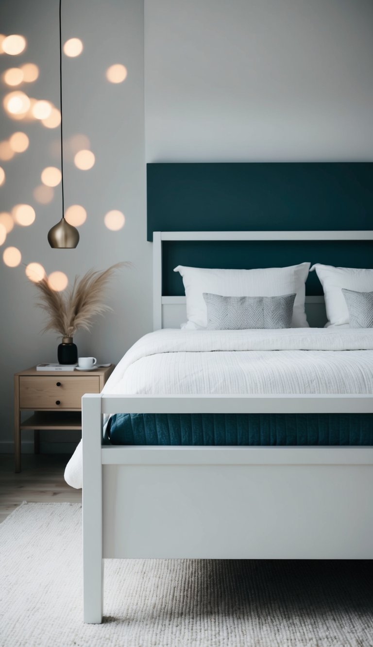 A clean, minimalist white bed frame in a serene Scandinavian bedroom setting