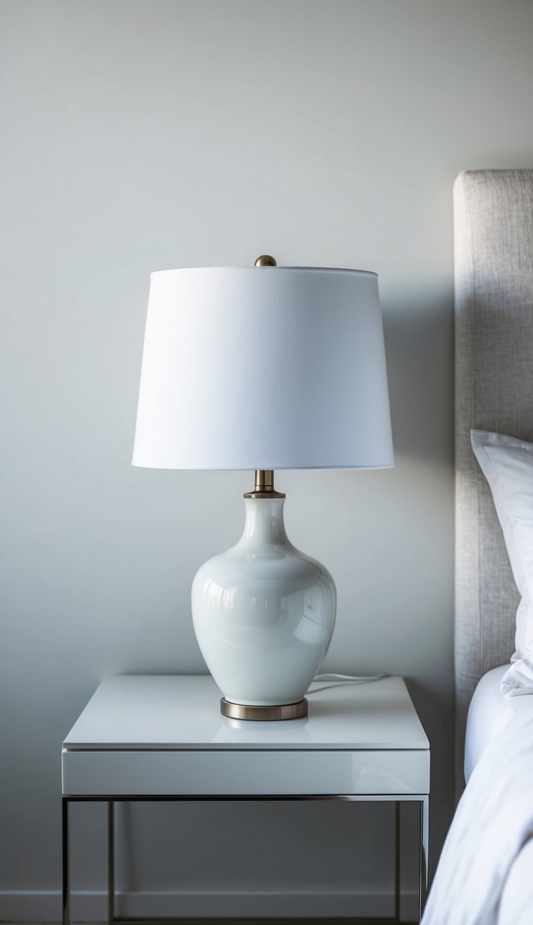 A ceramic white table lamp sits on a sleek, modern bedside table in a minimalist white bedroom