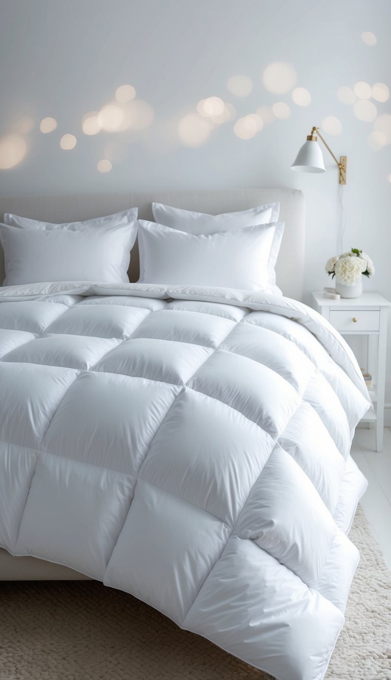 A fluffy white down comforter draped over a bed in a serene, all-white bedroom