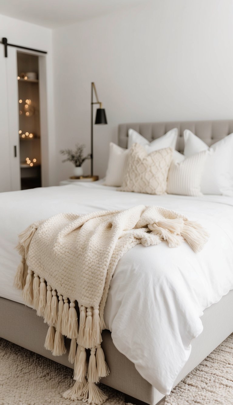 A cozy white bedroom with an ivory tassel throw blanket draped over a neatly made bed, surrounded by minimalist decor and soft lighting