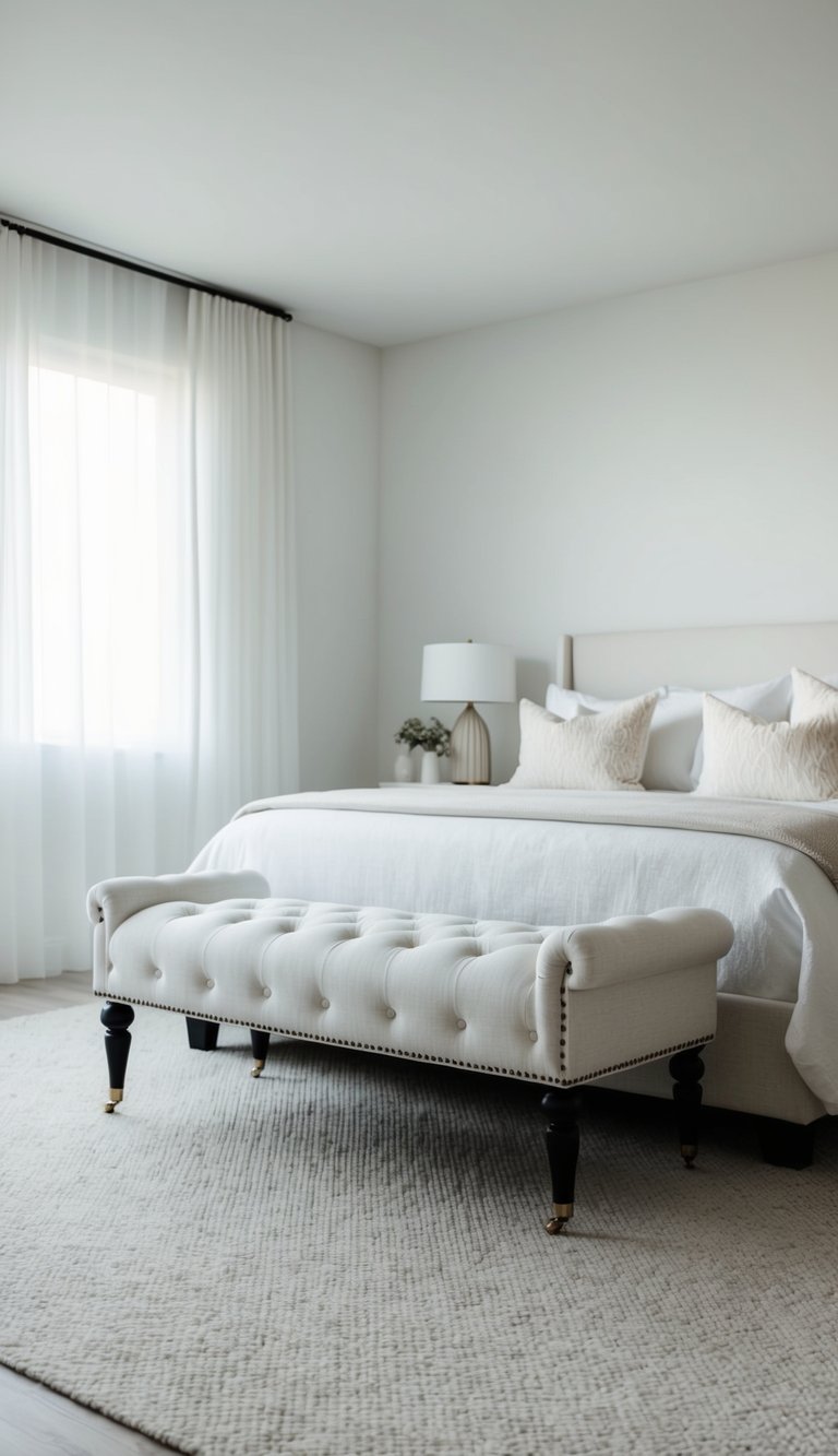 A tufted white upholstered bench sits in a serene, minimalist bedroom with soft natural lighting and clean, modern decor