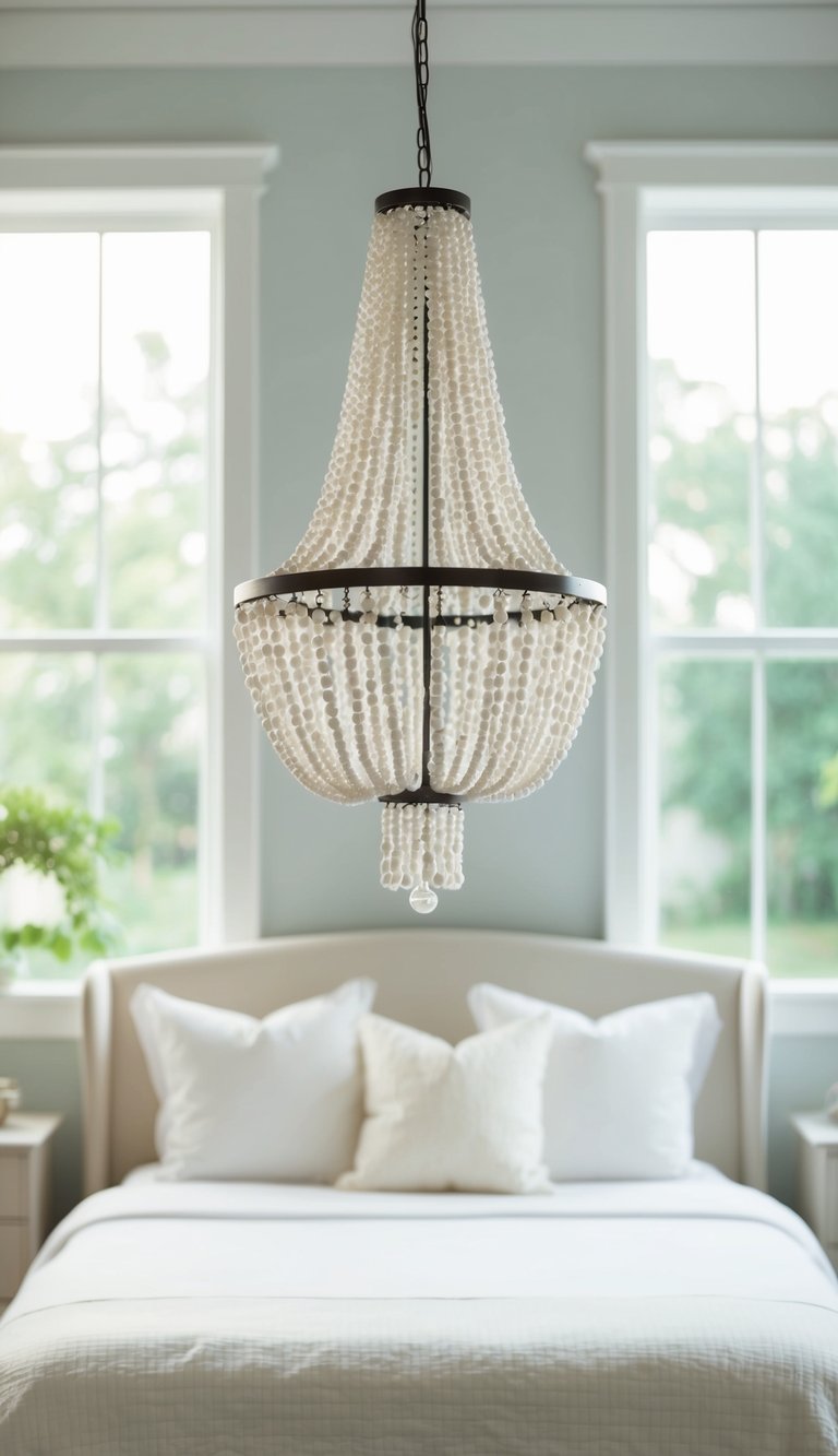 A white beaded chandelier hanging above a serene bedroom with soft white decor and natural light filtering in through the windows