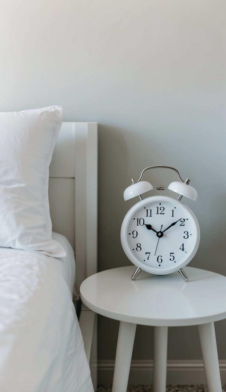 A classic white alarm clock sits on a white bedside table in a serene, minimalist bedroom