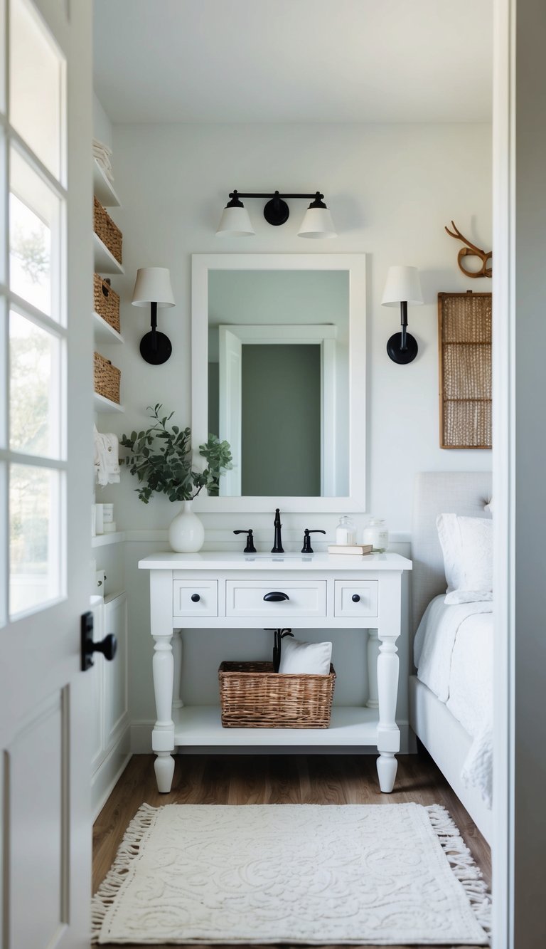 A farmhouse white vanity in a serene bedroom with 24 white decor ideas