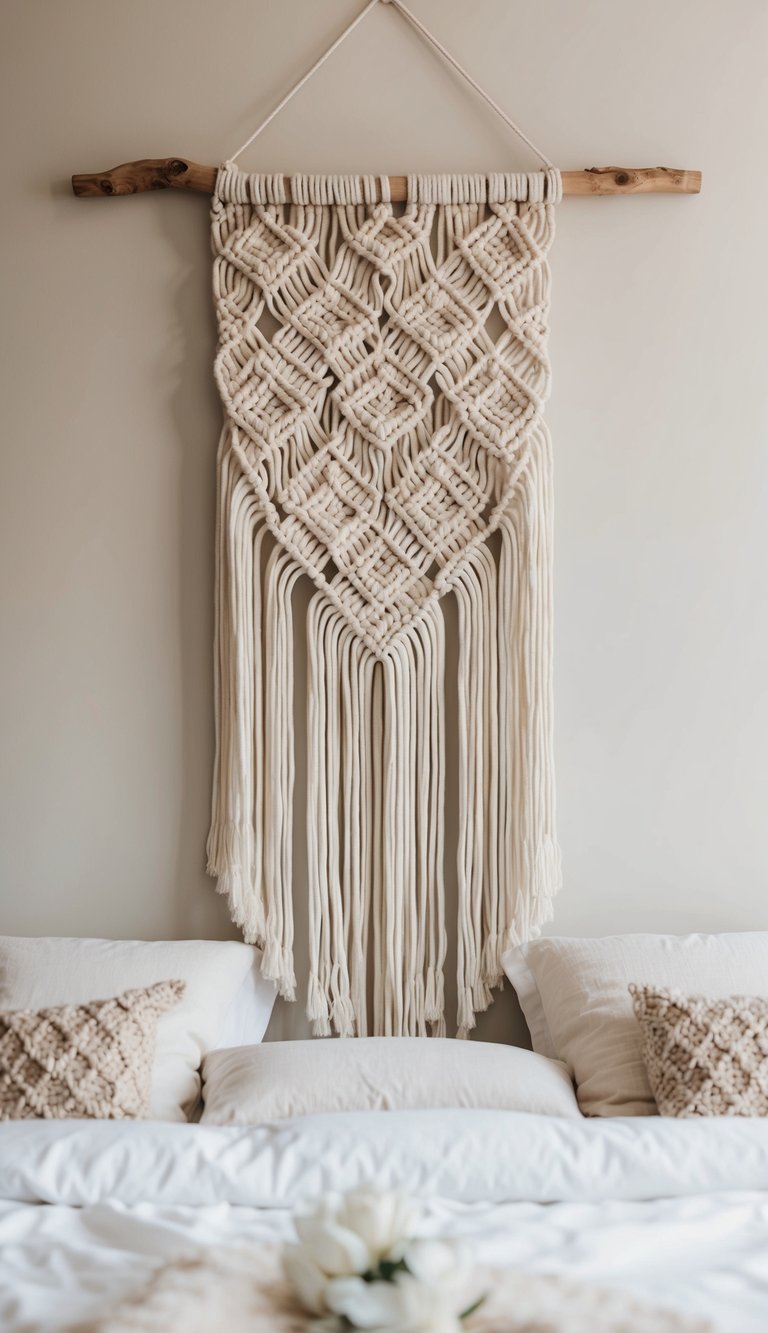 A white macrame wall hanging hangs above a cozy, minimalist bedroom with soft, neutral tones and natural textures