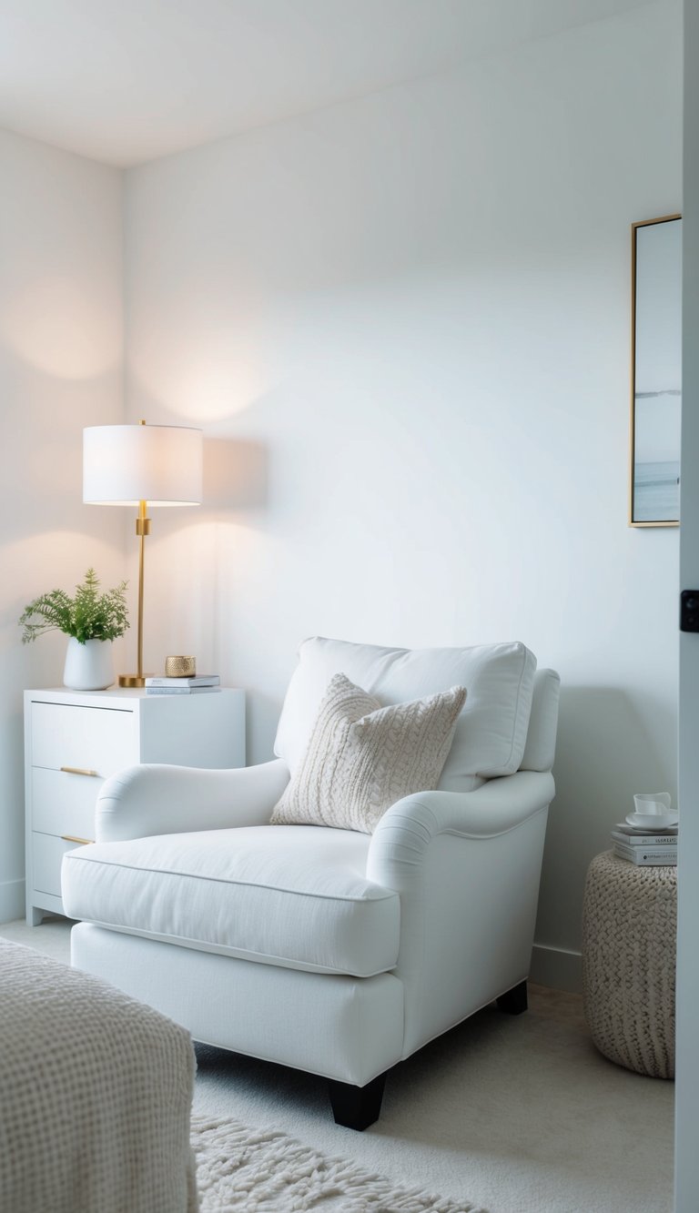 A plush white armchair sits in a serene white bedroom, surrounded by minimalist decor and soft natural light