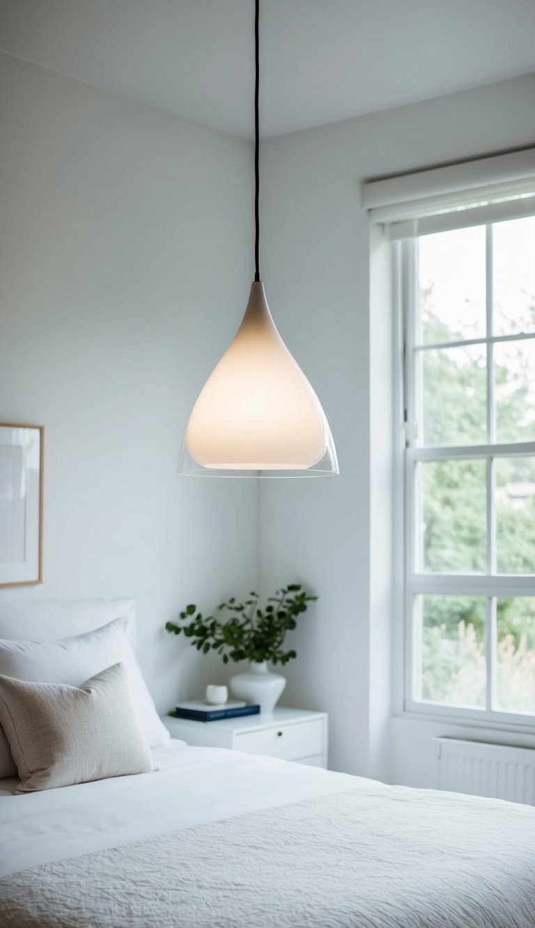 A white glass pendant light hangs above a serene white bedroom with minimalist decor and natural light streaming in through the window