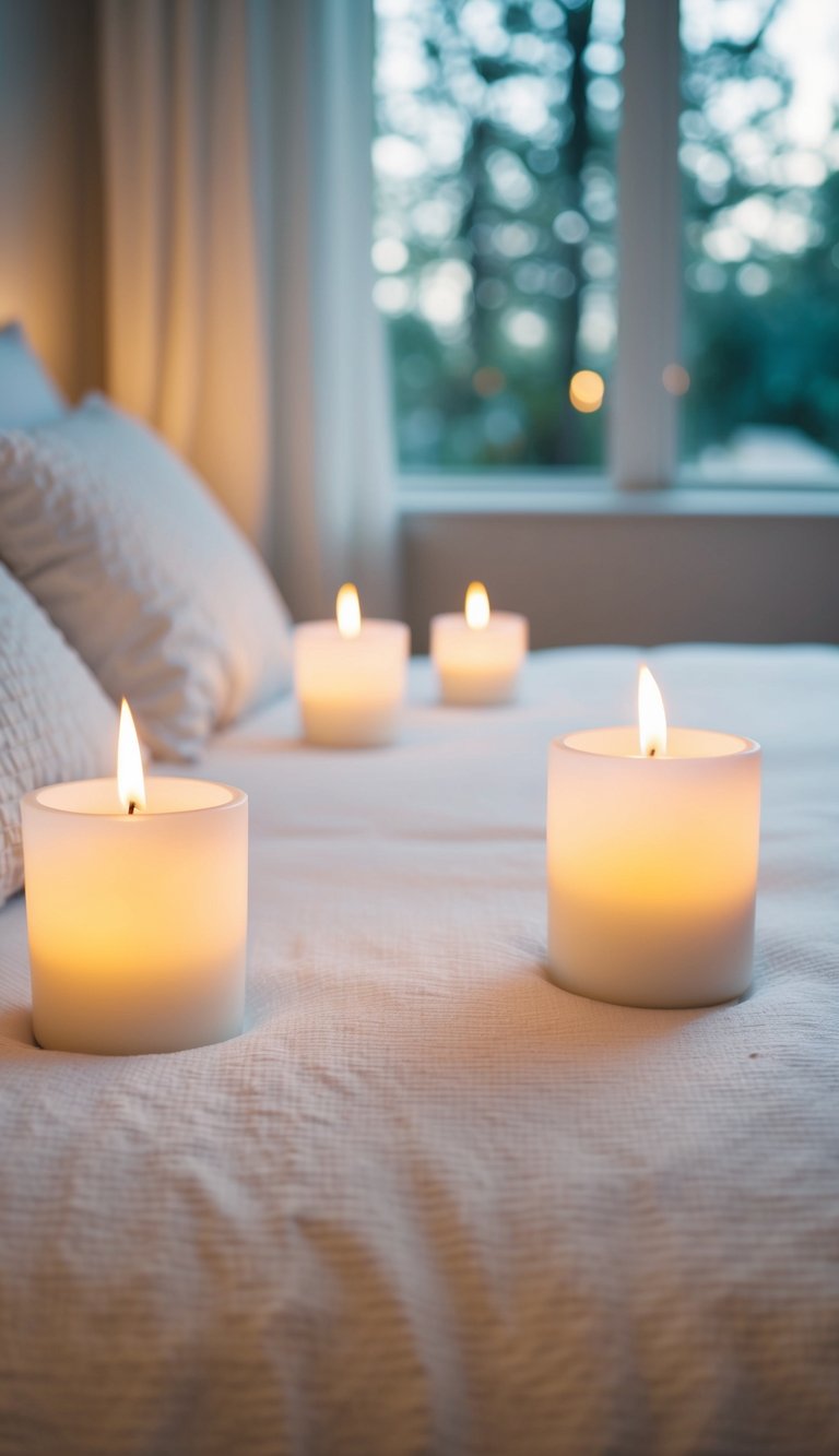 A serene bedroom with frosted white candle holders casting a soft glow, creating a tranquil atmosphere