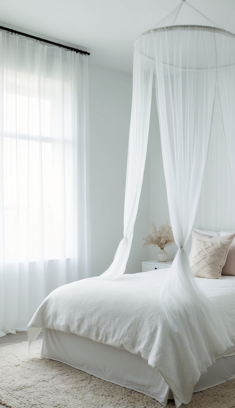 A white sheer canopy bed in a serene white bedroom with minimalistic decor and natural light filtering in through sheer curtains