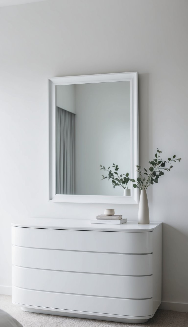 A white framed mirror hangs above a sleek white dresser in a serene, minimalist bedroom